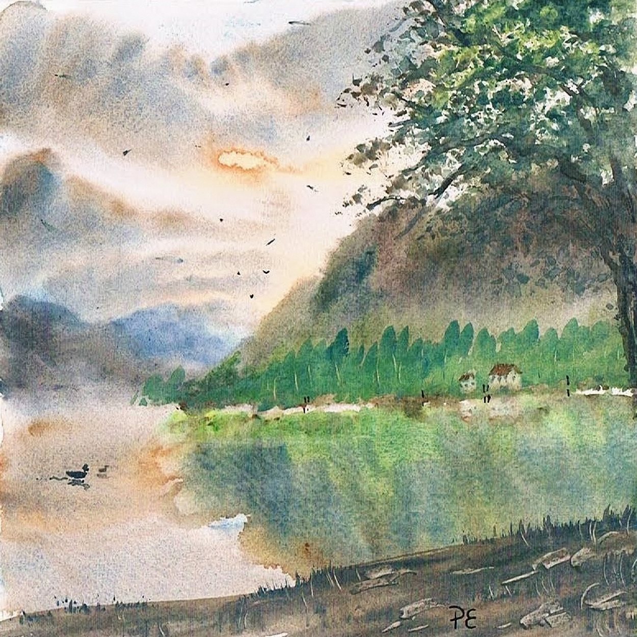 Riva del Garda, di Patrick Ezechiele. Dipinto a colori, acquerello su carta 30 x 30 cm.