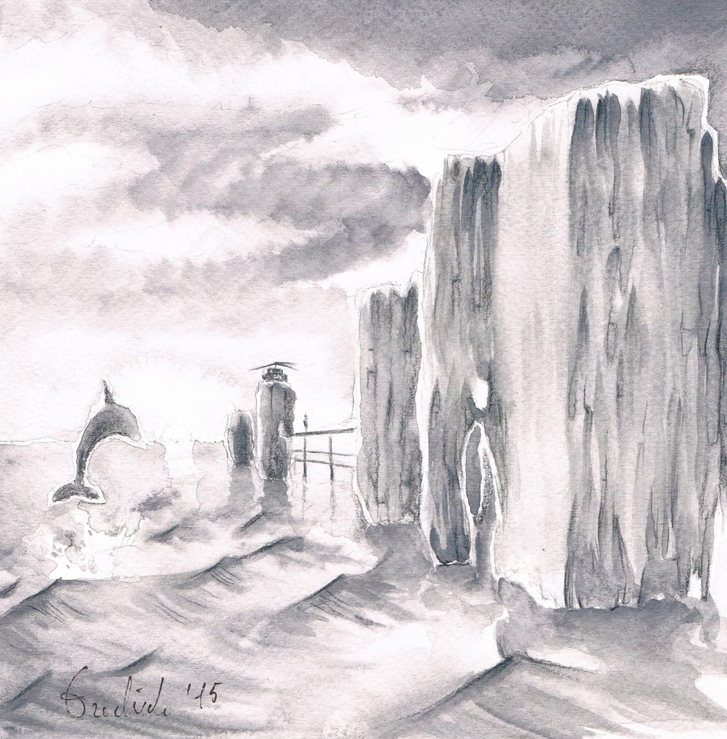 L'inevitabile, di Patrick Ezechiele. Dipinto in bianco e nero, acquerello su carta.