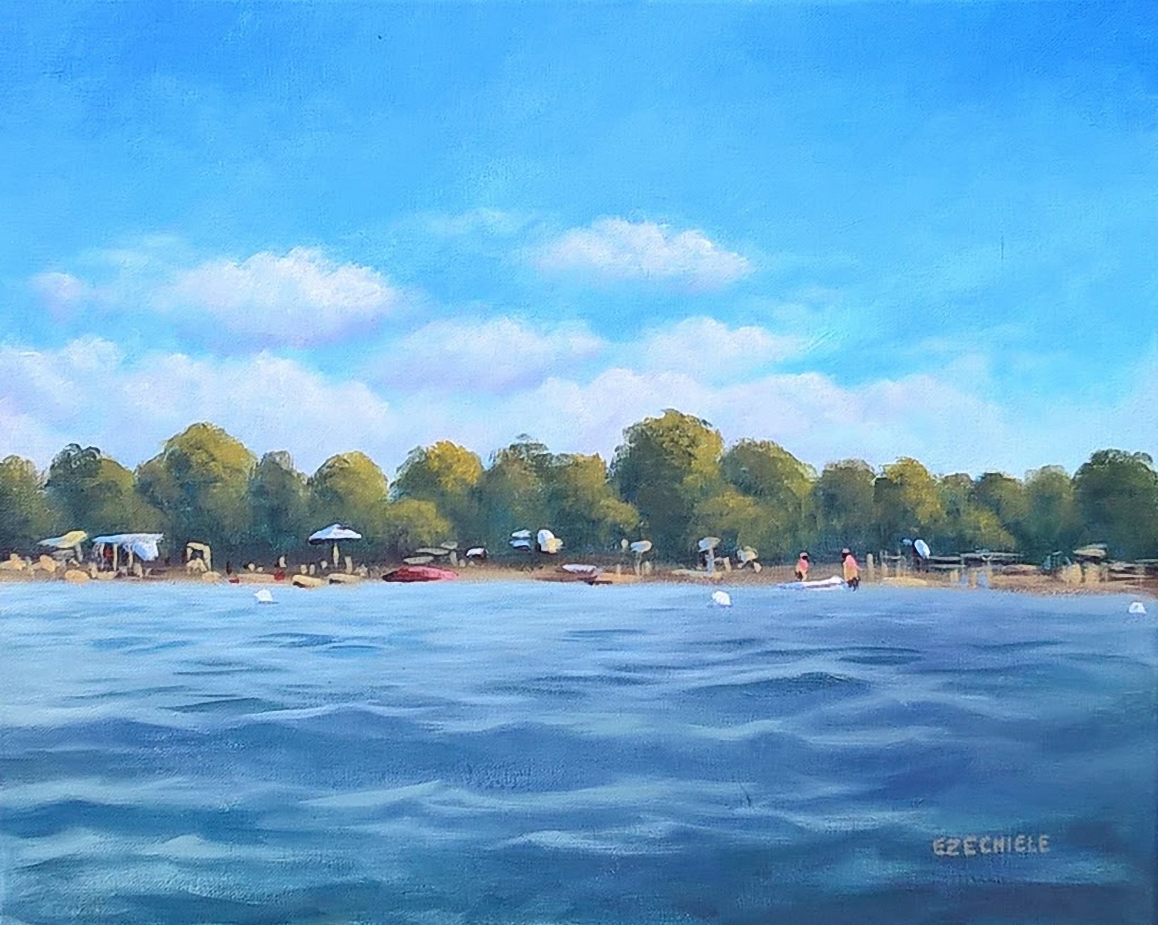 Dal pedalò, di Patrick Ezechiele. Dipinto a colori, acrilico su tela 40 x 50 cm.