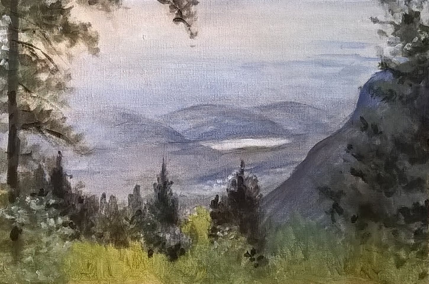 Scorcio sul Lago di Caldaro, di Patrick Ezechiele. Dipinto a colori, acrilico su pannello telato 25 x 35 cm.