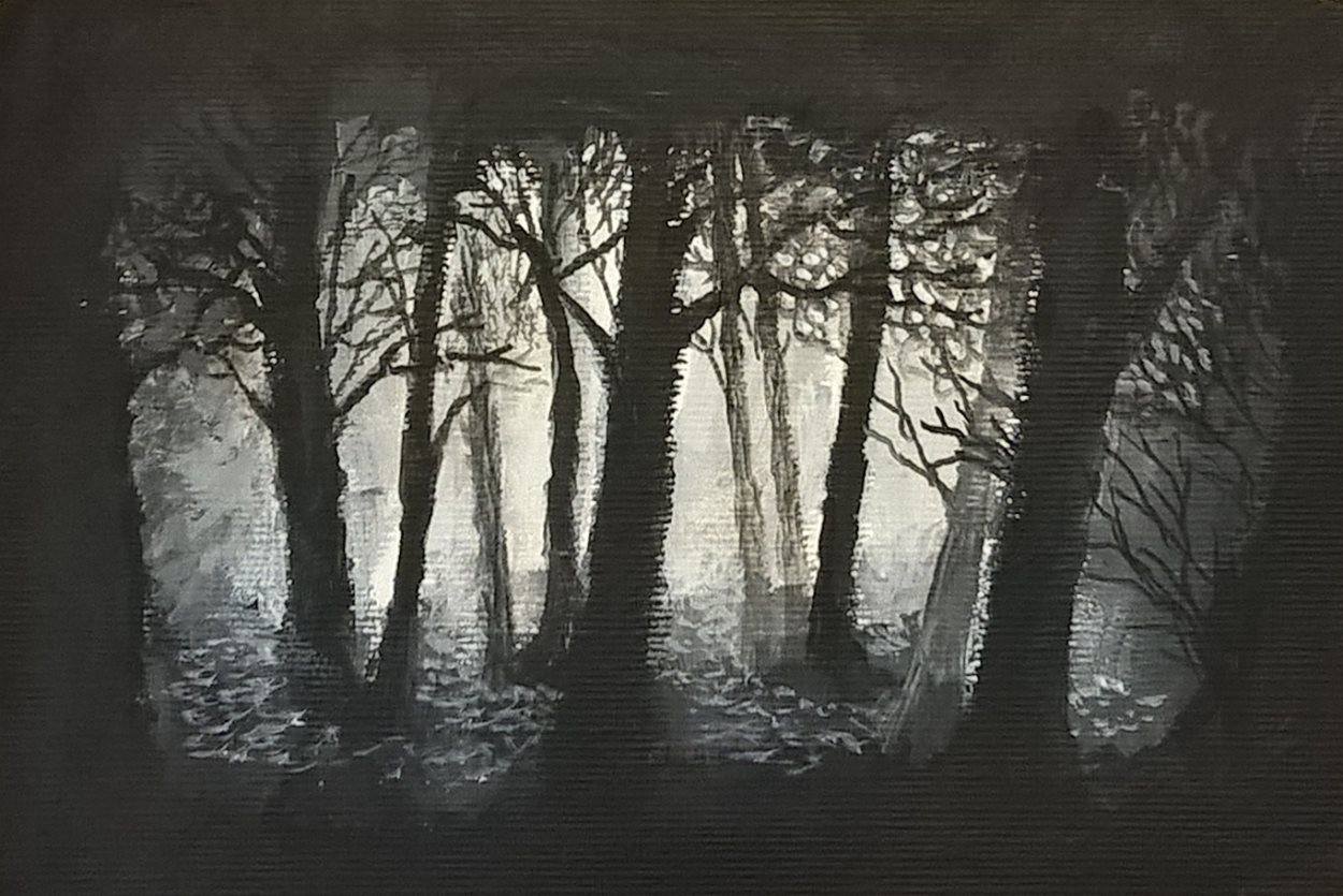 Foresta oscura, di Patrick Ezechiele. Dipinto in biacno e nero, acrilico su carta.
