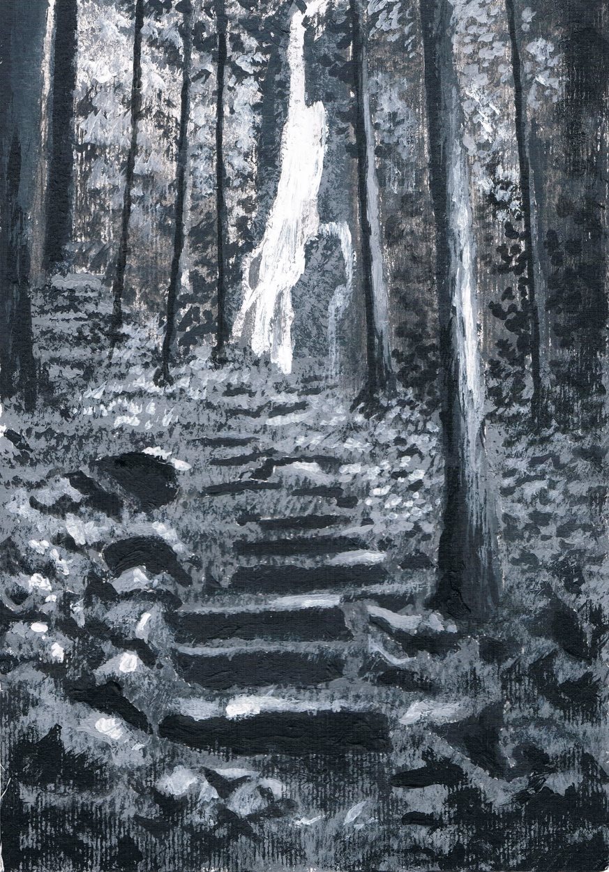 Sentiero nel bosco, di Patrick Ezechiele. Dipinto in biacno e nero, acrilico su carta.