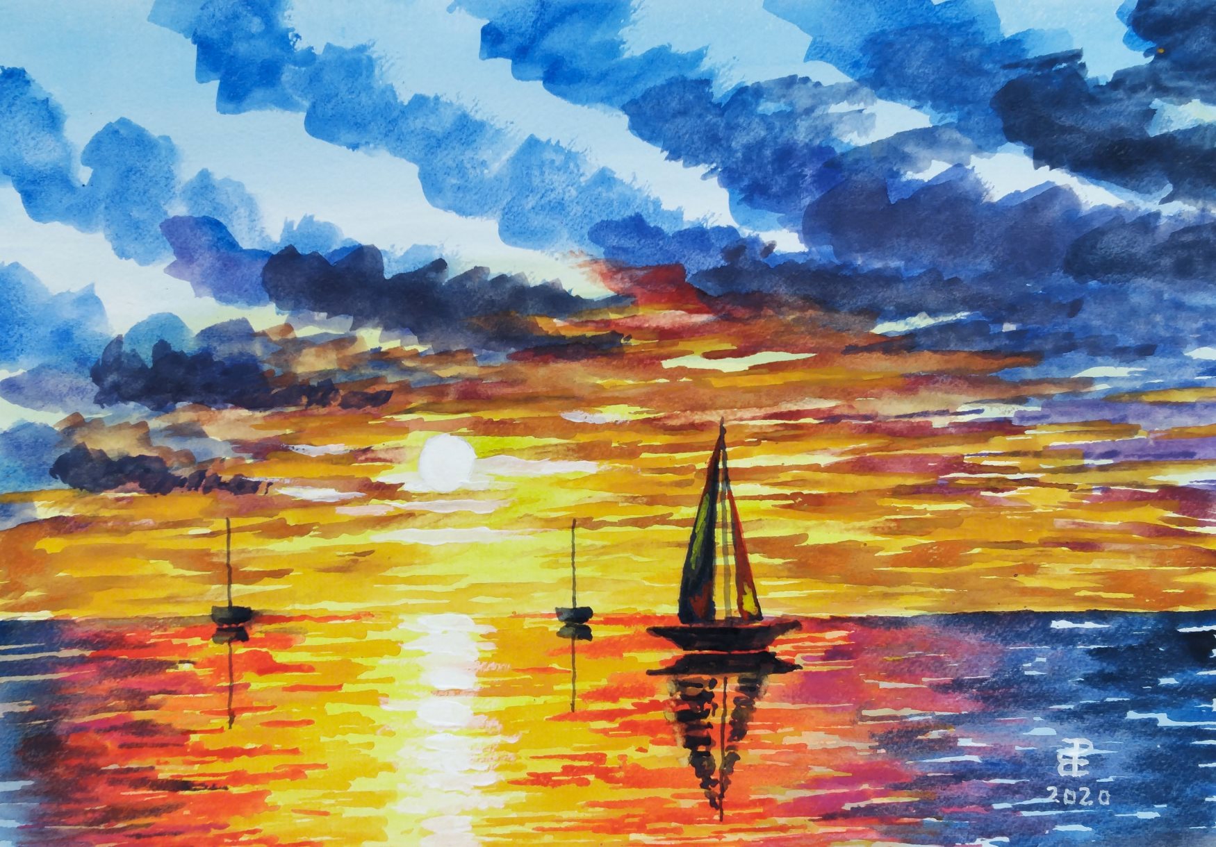 Tramonto sul mar Afremov, di Patrick Ezechiele. Dipinto a colori, acquerello su carta 27 x 39 cm.