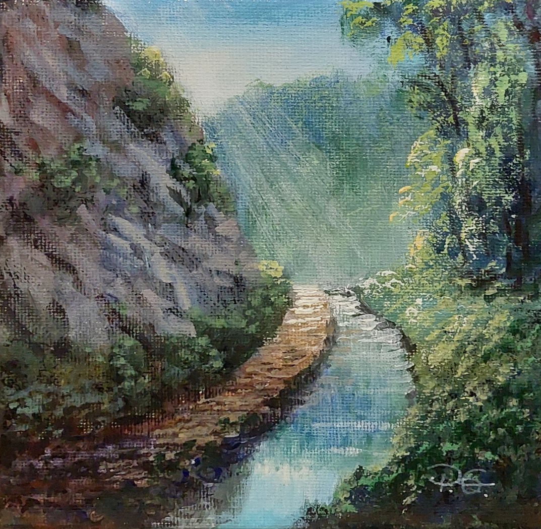 Seguendo riflessi di Smeraldo, di Patrick Ezechiele. Dipinto a colori, acrilico su tela 20 x 20 cm.