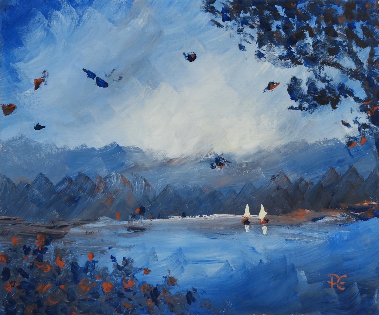 Ricordi del lago, di Patrick Ezechiele. Dipinto a colori, acrilico su tela 25 x 30 cm.