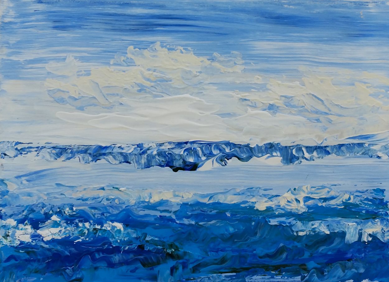 Disgelo all'Antartide, di Patrick Ezechiele. Dipinto a colori, acrilico su tela 18 x 24 cm.