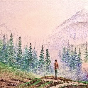 Colline misteriose, di Patrick Ezechiele. Disegno a colori, matite colorate su carta 20 x 30 cm.