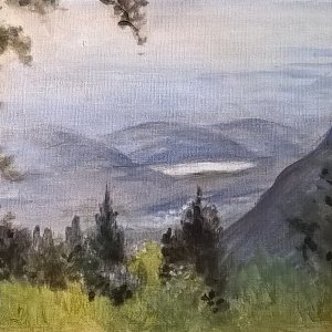 Scorcio sul Lago di Caldaro, di Patrick Ezechiele. Dipinto a colori, acrilico su pannello telato 25 x 35 cm.