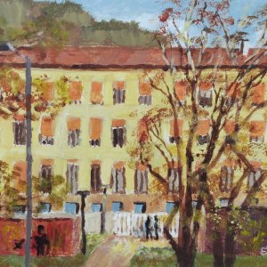 Compito in classe, di Patrick Ezechiele. Dipinto a colori, acrilico su carta 24 x 33 cm.