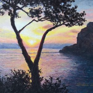 Tramonto al Belvedere di Tragara, di Patrick Ezechiele. Dipinto a colori, acrilico su pannello telato 25 x 35 cm.