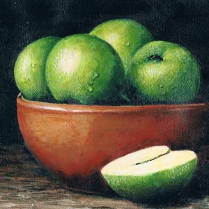 Le mele più buone del mondo, di Patrick Ezechiele. Dipinto a colori, acrilico su carta 24 x 32 cm.
