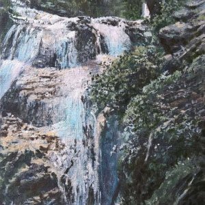Cascate al Vallone delle Ferriere, di Patrick Ezechiele. Dipinto a colori, acrilico su pannello telato 35 x 25 cm.