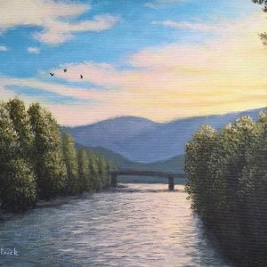 Tramonto sull'Isarco, di Patrick Ezechiele. Dipinto a colori, acrilico su tela 40 x 60 cm.