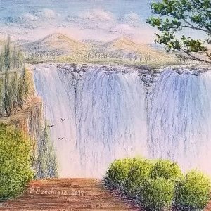 Cascate della verità, di Patrick Ezechiele. Disegno a colori, con pastelli ad olio su carta.