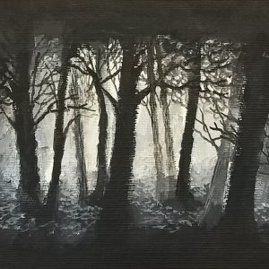 Foresta oscura, di Patrick Ezechiele. Dipinto in biacno e nero, acrilico su carta.