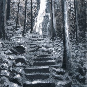 Sentiero nel bosco, di Patrick Ezechiele. Dipinto in biacno e nero, acrilico su carta.