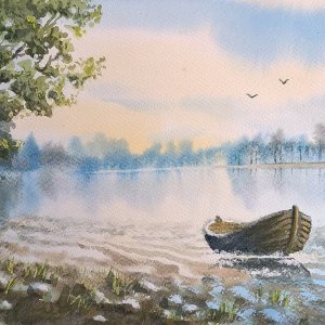 Sosta al lago, di Patrick Ezechiele. Dipinto a colori, acquerello su carta.