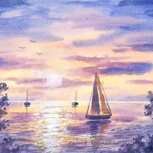 Tramonto al lago, di Patrick Ezechiele. Dipinto a colori, acquerello su carta.