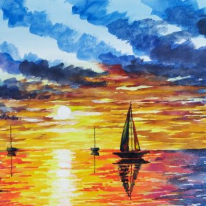 Tramonto sul mar Afremov, di Patrick Ezechiele. Dipinto a colori, acquerello su carta 27 x 39 cm.