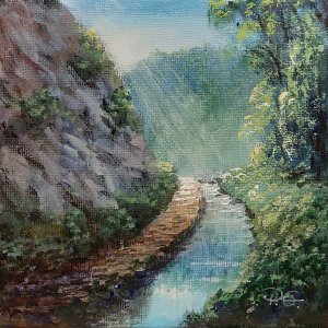 Seguendo riflessi di Smeraldo, di Patrick Ezechiele. Dipinto a colori, acrilico su tela 20 x 20 cm.