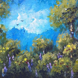 Scorcio sulla Valle Eterna, di Patrick Ezechiele. Dipinto a colori, acrilico su tela 30 x 40 cm.
