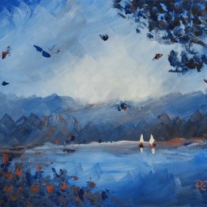 Ricordi del lago, di Patrick Ezechiele. Dipinto a colori, acrilico su tela 25 x 30 cm.