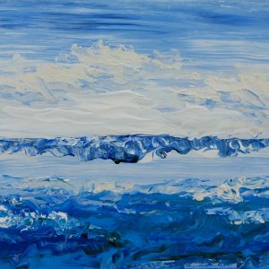 Disgelo all'Antartide, di Patrick Ezechiele. Dipinto a colori, acrilico su tela 18 x 24 cm.